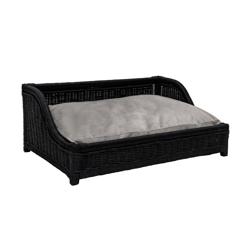 Poppy Black Rattan Small Pet Bed with Gray Cushion