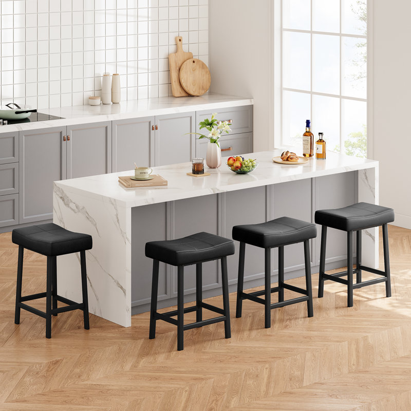 Upholstered Bar Stool with Iron Frame, Black + Black Pad, 4 pieces