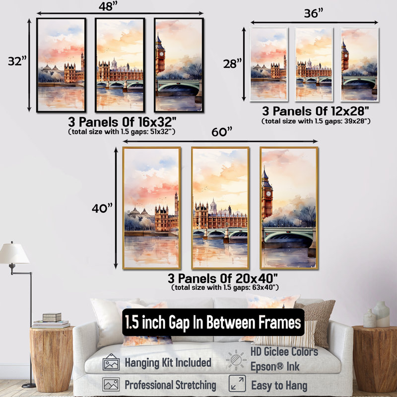 Big Ben London Skylines At Sunset I - City London, art mural, Cadre flottant doré, H 40 po x l 61 po