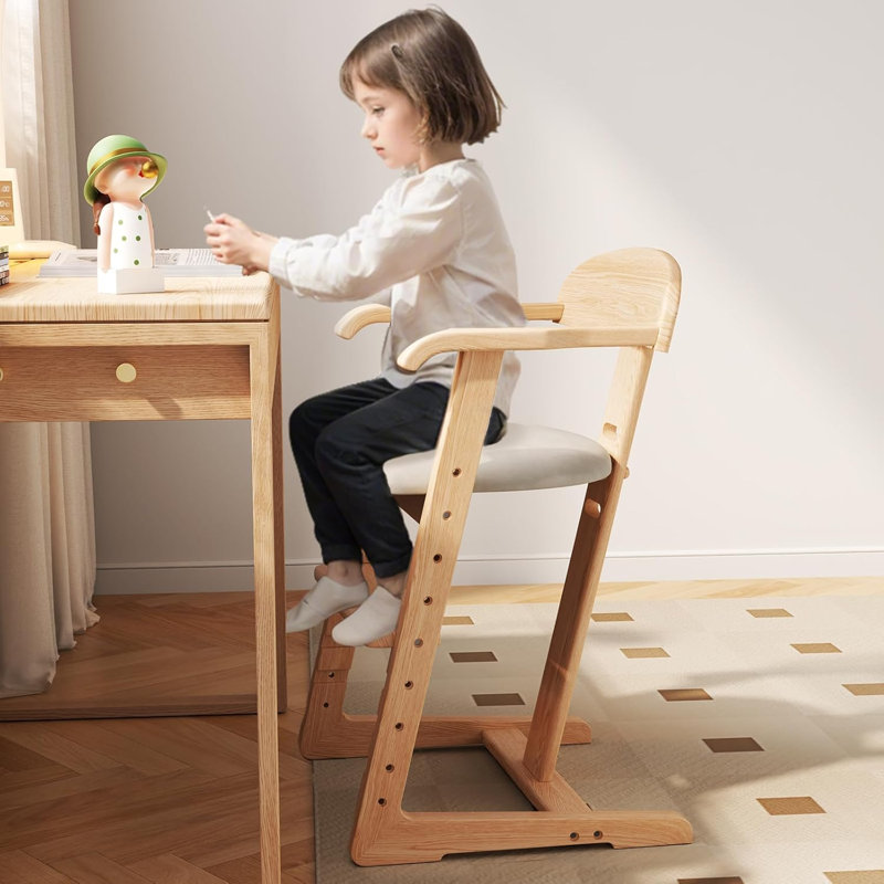 Adjustable Solid Wood Kids High Chair with Locking Wheels, Height Adjustable Seat & Footrest, gray;Tan