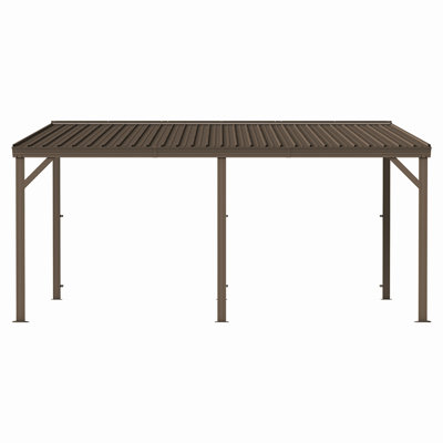 Abri de jardin à toit rigide de 12 pi x 16 pi avec gouttières, pergola à pavillon murale connectable avec toit en acier galvanisé, résistance au vent de 60MPH, grand auvent extérieur en métal, pour patio, terrasse, pelouse