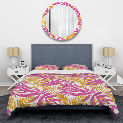 Ensemble de housse de couette moderne feuilles roses et jaunes tropicales II