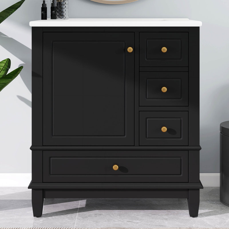 Meuble-lavabo 30 po avec lavabo en céramique, ensemble de meuble-lavabo simple autoportant, une porte avec tablette et trois tiroirs