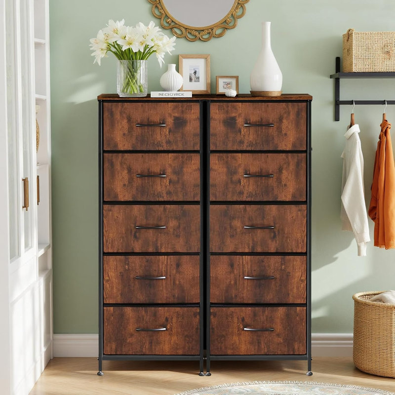 Commode classique à 5 tiroirs de 30 cm de large avec plateau en bois et bacs en tissu amovibles, Brun