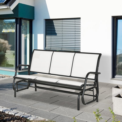 Banc à bascule de patio blanc crème, 3 places, avec structure en métal et tissu en maille respirante, idéal pour les espaces extérieurs, le jardin et le balcon. Convient également aux terrasses et aux balcons.