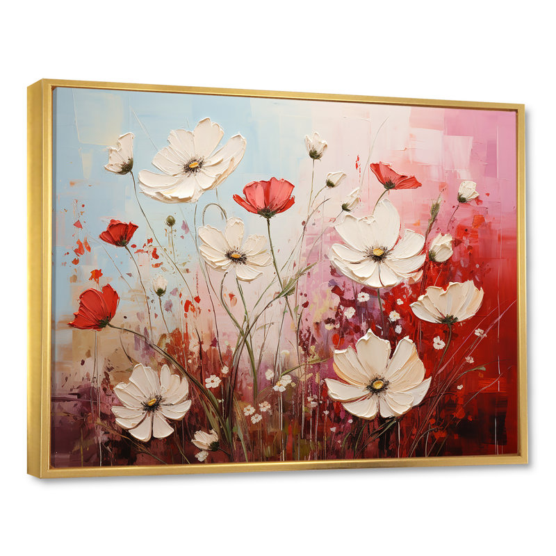 Pétales de cramoisi blancs et rouges dévoilés sur toile, Cadre flottant doré, H 30 po x l 40 po x P 0,5 po