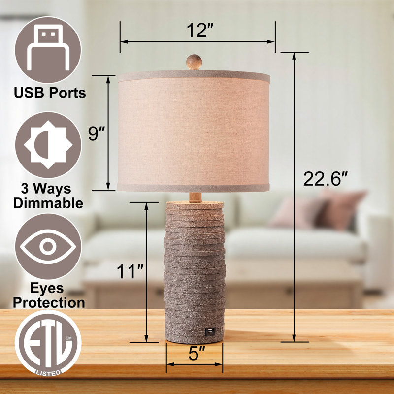  Lampe de table de style campagnard en résine 22,6 po avec éclairage à 3 voies d'intensité variable et port USB Middlebrooks