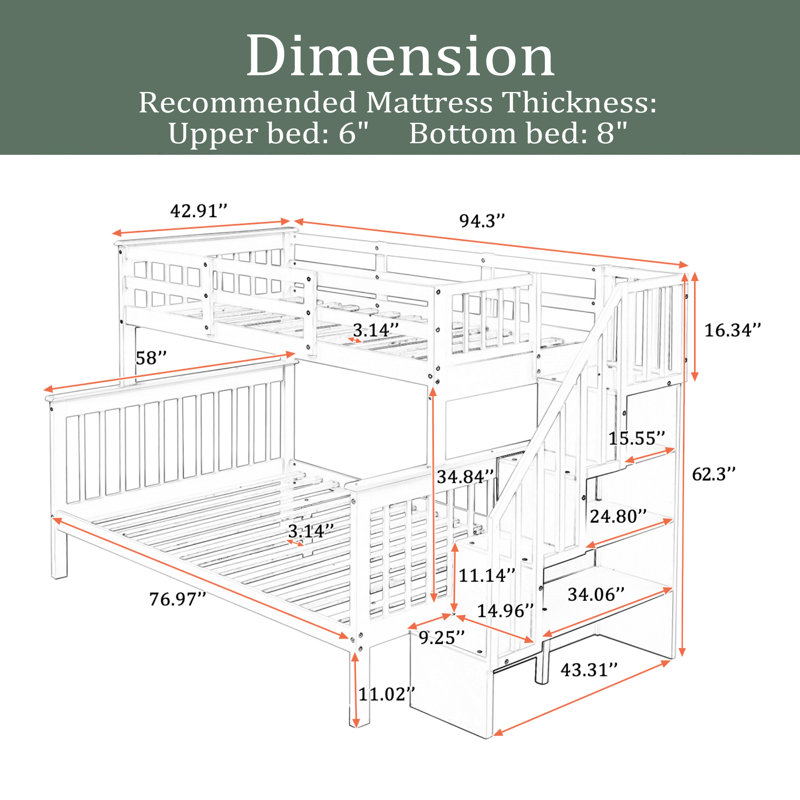Lit superposé simple au-dessus de double avec rangement et garde-corps pour chambre à coucher Stairway, Blanc