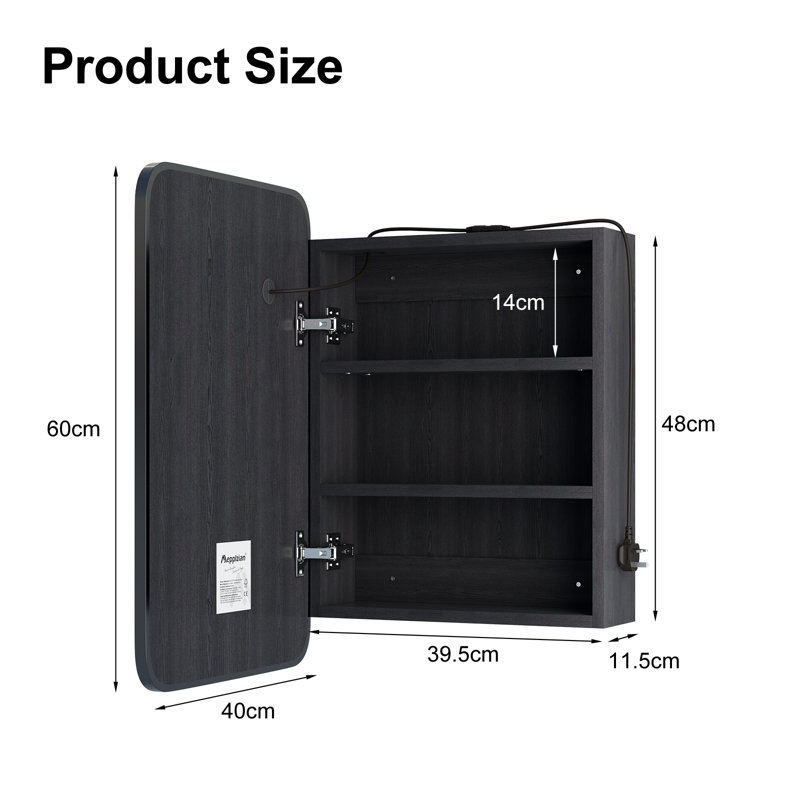 Ayyat Rectangle LED Mirror Cabinet with 3 Shelves, Wall Mounted Bathroom Storage, 60cm H x 40cm W x 11.5cm D