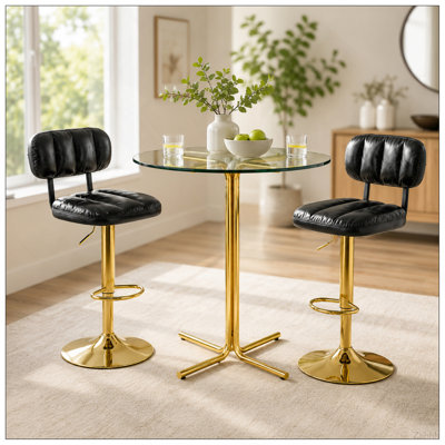 Ensemble de 2 tabourets de bar modernes à hauteur réglable, tabourets rembourrés en cuir de polyuréthane noir avec base en métal doré et repose-pieds pour îlot de cuisine, bar personnel et salle de jeux