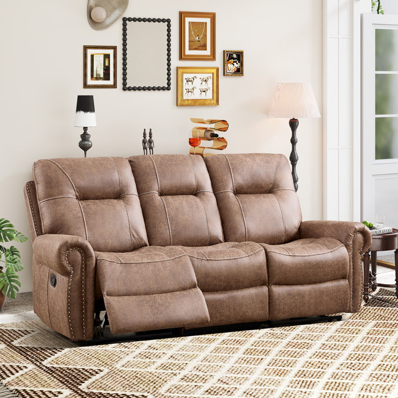 85.43'' Wide Classic Faux Leather Manual Reclining Sofa With Dual Side Pull Levers & Nailhead Trim, Vintage Brown