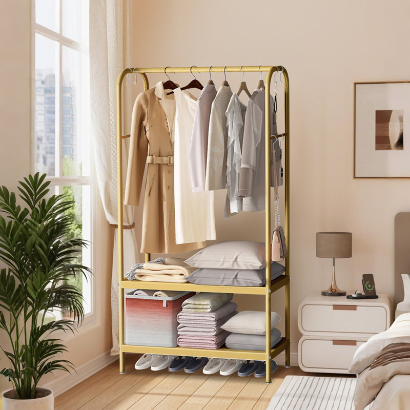 Portant à vêtements robuste, support à vêtements en métal avec tablettes à 2 niveaux pour garde-robe, Doré