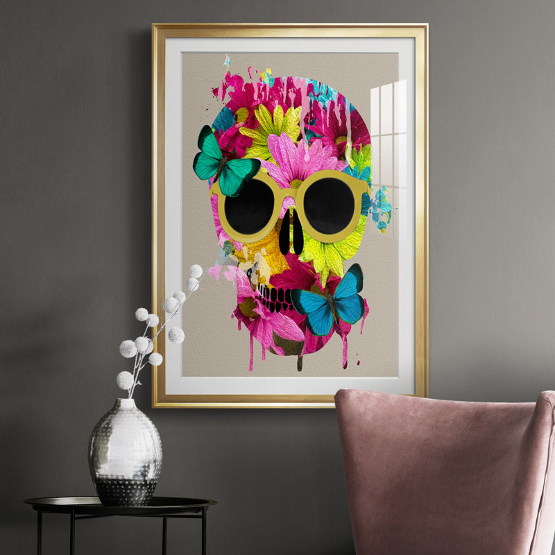 Crâne floral - peinture encadrée, H 26,5 po x l 36,5 po x P 1,5 po, Or