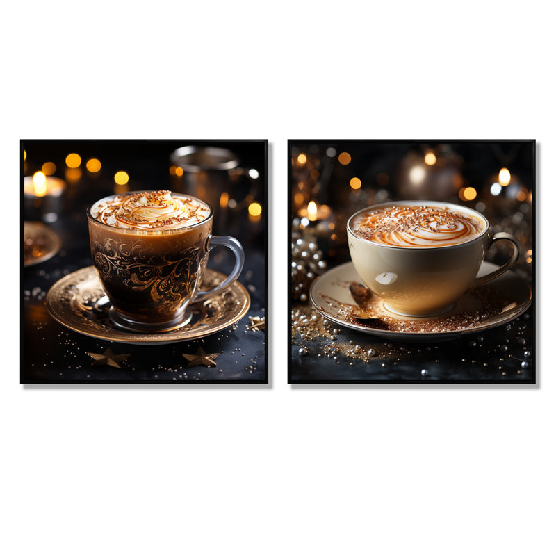 Ensemble de salon 2 pièces Brown Golden Brew Brilliance Coffee I - Coffee Wall Art, Cadre flottant noir