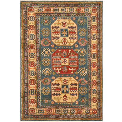 Tapis unique en laine noué à la main bleu Kazak de 5 pi x 7 pi 2 po Luftar