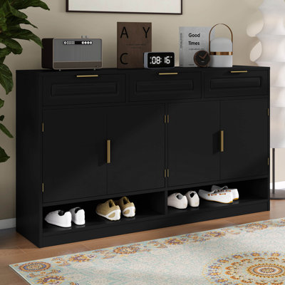 59.1" Farmhouse Sideboard Buffet With 3 Drawers & 4 Doors, Storage Cabinet With Adjustable Shelf & Open Compartments