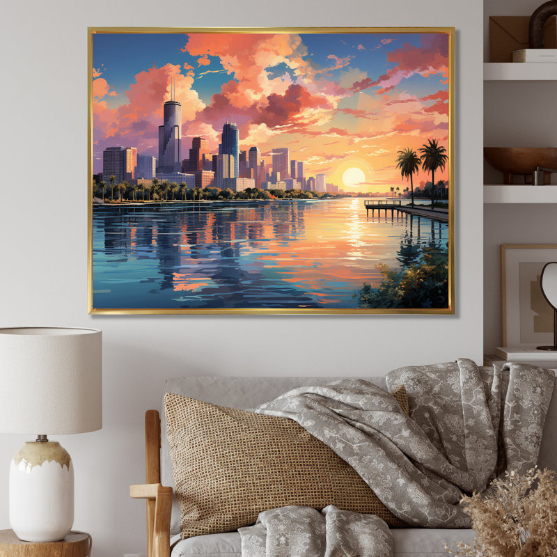 Sunshines State Miami IV, H 34 po x l 44 po x P 1,5 po, Cadre flottant doré