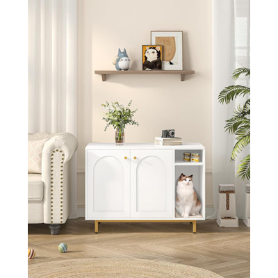 Enceinte de litière pour chat avec boîte de rangement pour litière cachée et cachée, maison de chat en bois, grande table de bout moderne pour l'entrée du salon, blanc et or