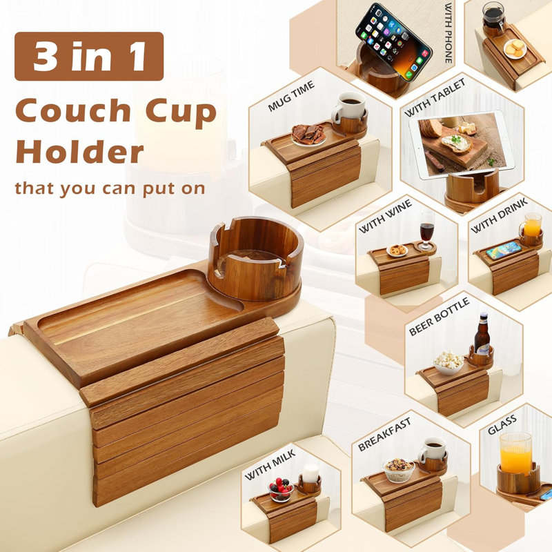 15.75" Acacia Wood Couch Armrest Table, 3 in 1 Foldable Sofa Clip on Side Table with 360° Phone Stand, 15.75"W x 13"D x 1"H