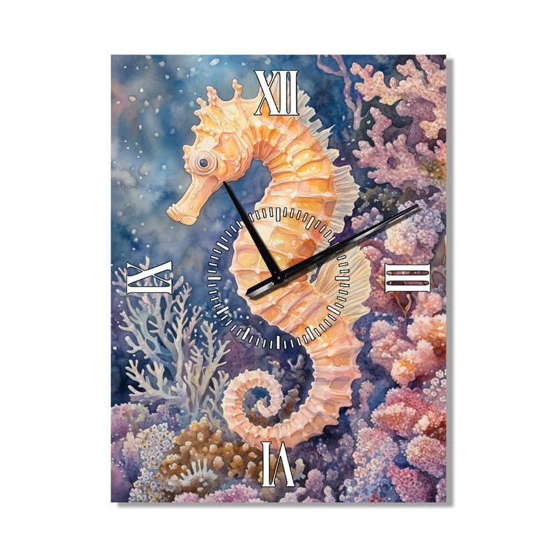 Hippocampe dans un jardin aquatique - Grande horloge murale côtière, H 32 po x l 24 po - Rectangle