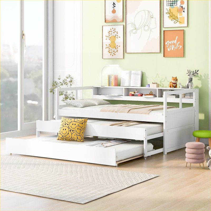 Storage-Focused Multi-Function Solid Wood Twin XL Platform Daybed with Trundles, Storage Cubbies and USB Charging, White-toned