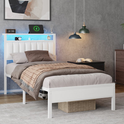 Upholstered Headboard with LED Lights, Charging Station, Sturdy Metal Slat Support, No Box Spring Needed