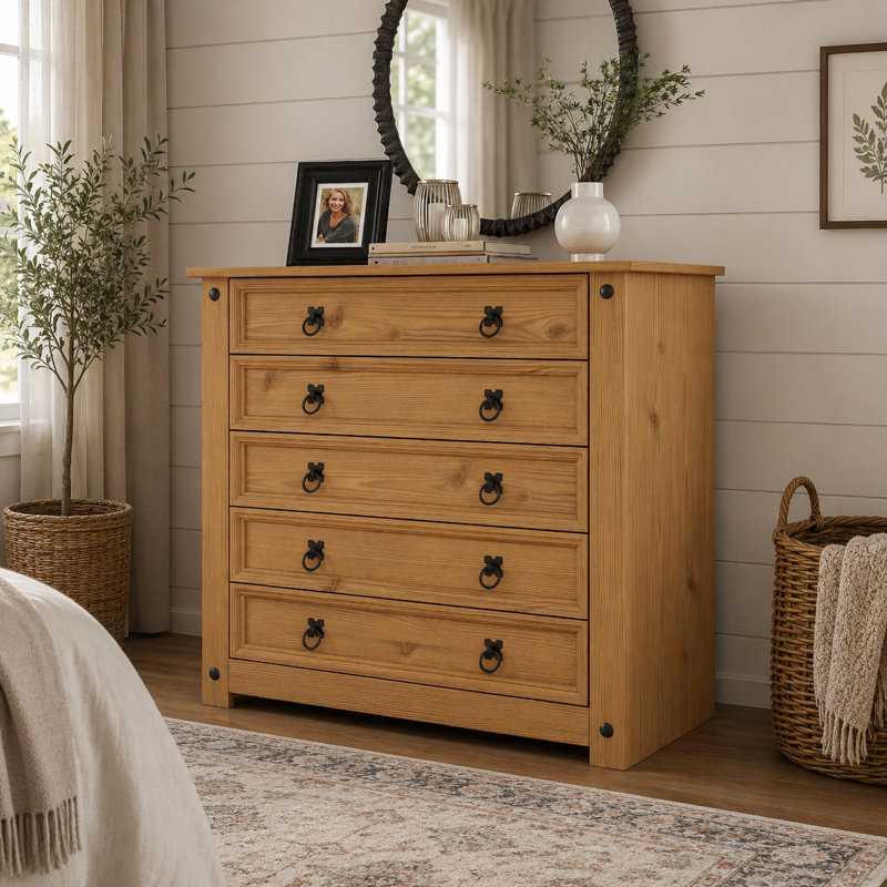 Stephania 5 Drawer 89Cm W Solid Pine Wood Chest of Drawers Corona Design