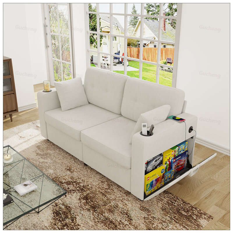 Canapé en chenille moderne avec charge USB, rangement et porte-gobelet pour les petits salons et appartements, Beige