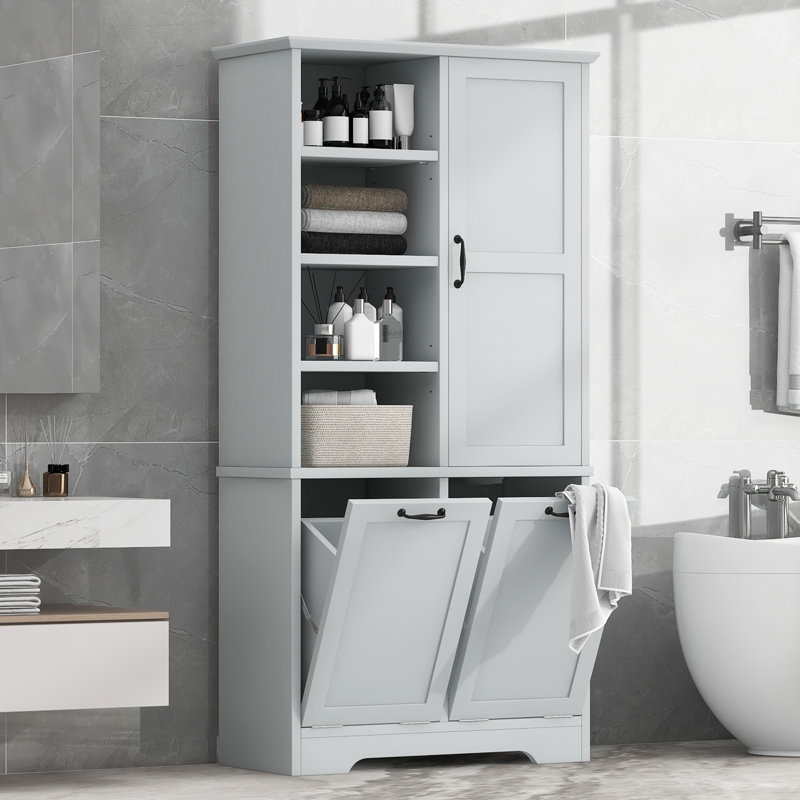 68'' H Bathroom Cabinet with Tilt-Out Laundry Hamper,Modern Linen Cabinet with Adjustable Shelf,Freestanding Style, Gray