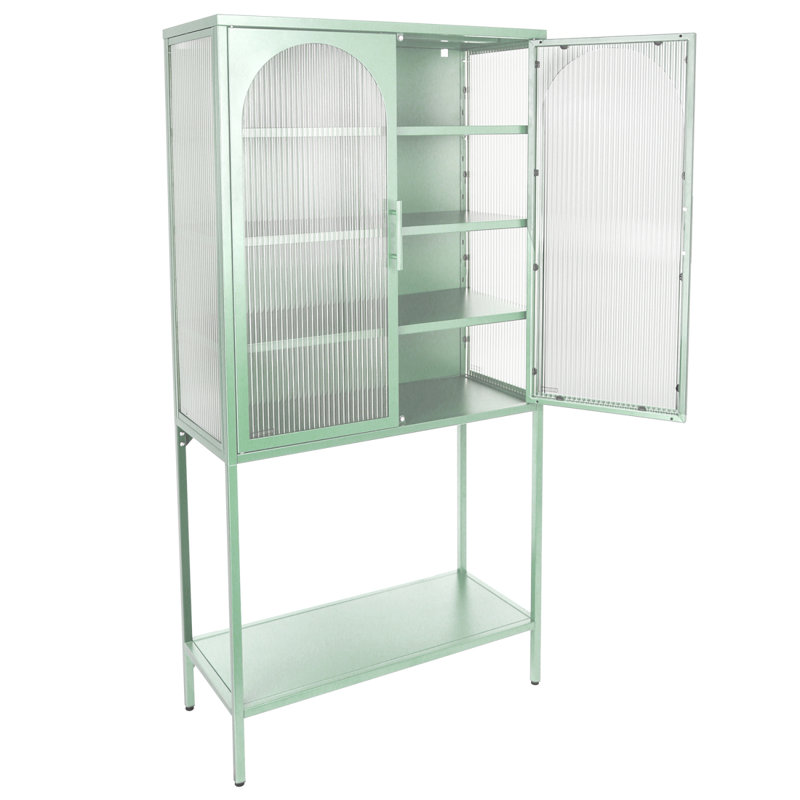 Armoire de salon élégante avec 2 portes arquées en verre et vitrine avec tablettes réglables, Vert menthe