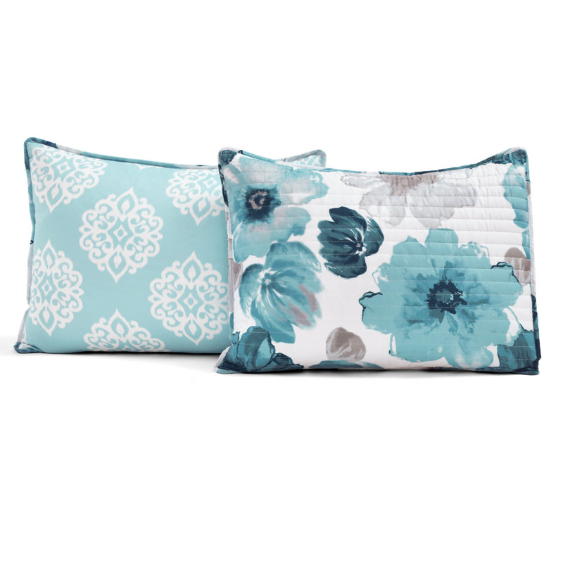 Leah Blue Floral Reversible Microfiber Full Quilt Set