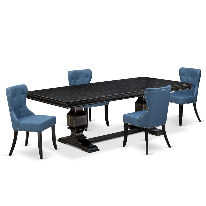 L'ensemble de salle à manger 9 pièces Mid Century se compose d'une table rectangulaire et de 8 chaises modernes en tissu de lin bleu avec dossier capitonné - Finition sable