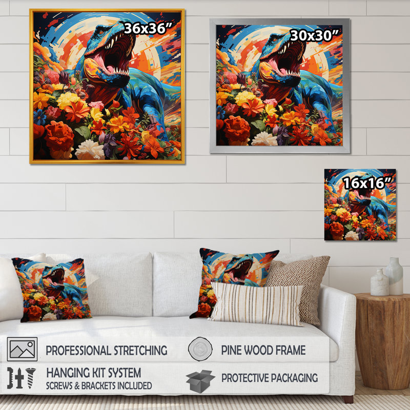 Orange, arc-en-ciel, Tyrannosaurus Jungle Portrait - art de mur de dinosaure, Cadre doré simple, H 30 po x l 30 po x P 1,5 po