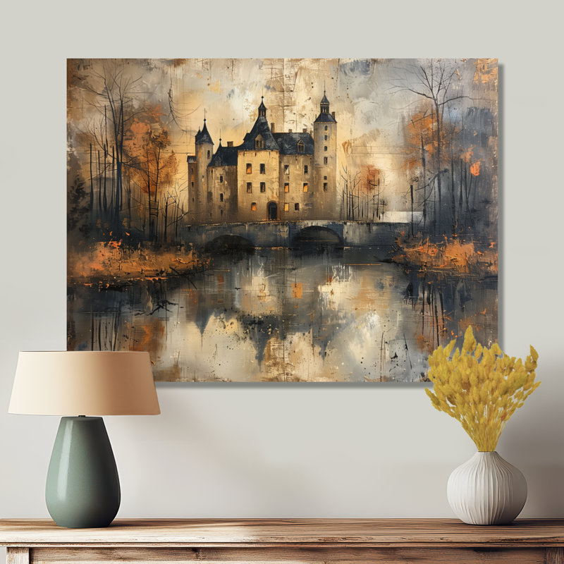  «Gray Black Rustic Castle By The Lake - Chateaus Wall Art Living Room, Cadre photo noir, H 12 po x l 20 po