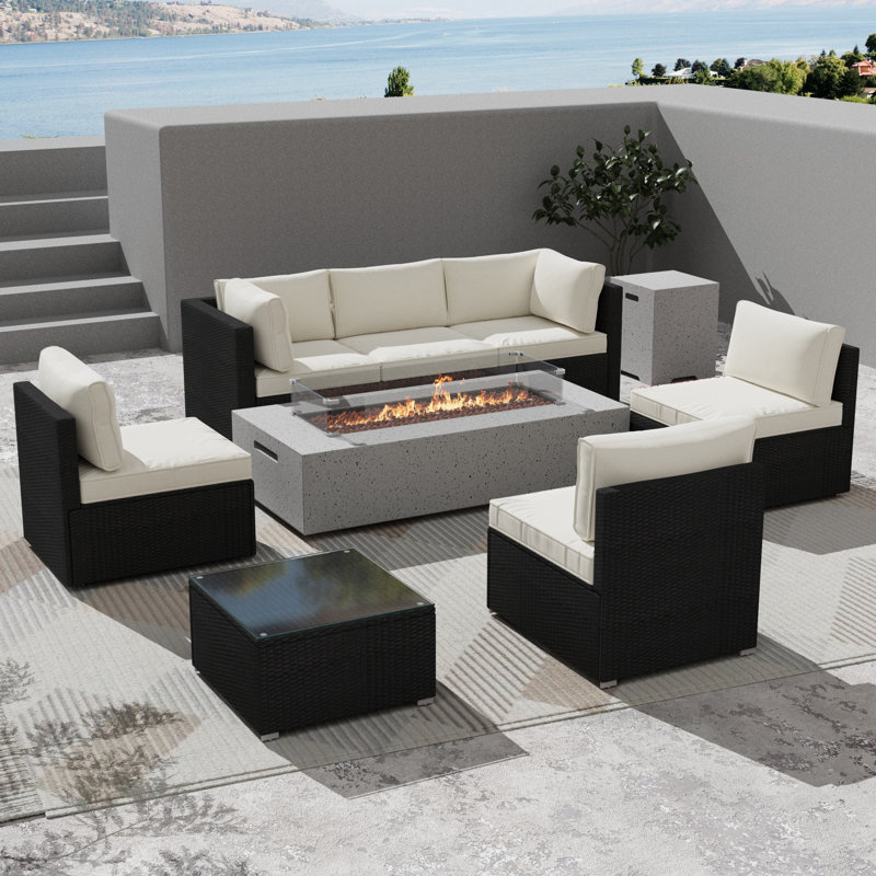 Ensemble de conversation d'extérieur pour 6 personnes avec coussins et table foyer, Blanc/Noir