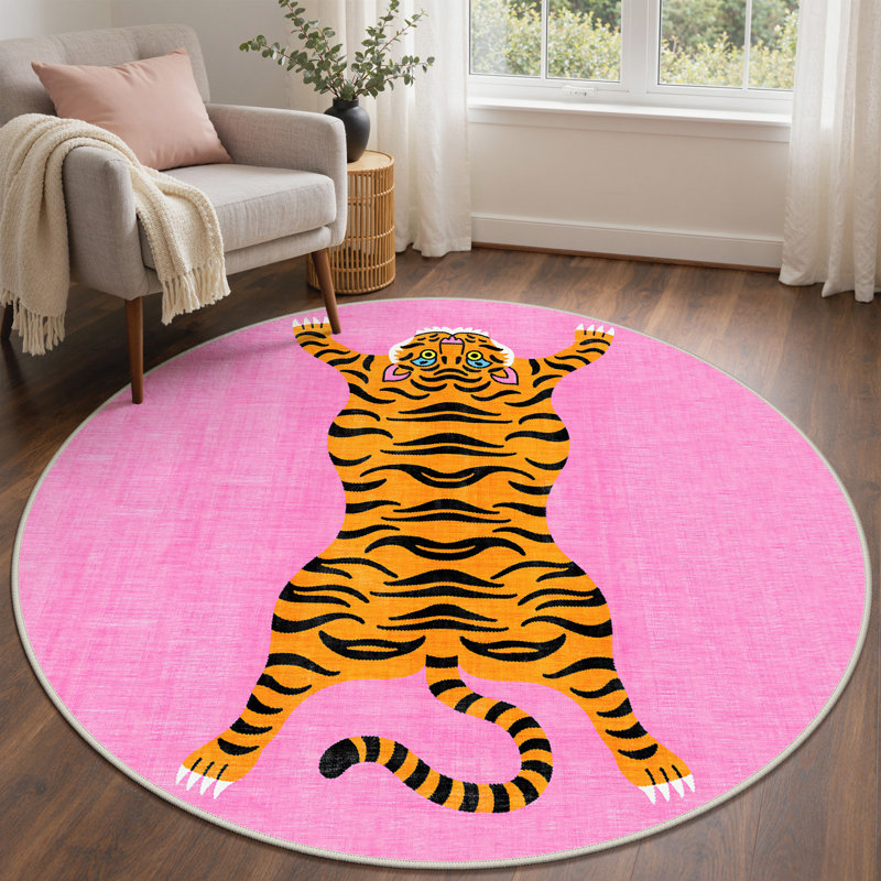 Tayviona Tigris Animal Print Machine Washable Pink / Yellow / Black Indoor Area Rug with Non-Slip Backing, Runner 2' x 6'