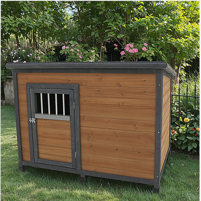 Grande niche pour chien en bois massif de 45 po, toit en plastique PVC imperméable, portes en bois respirantes