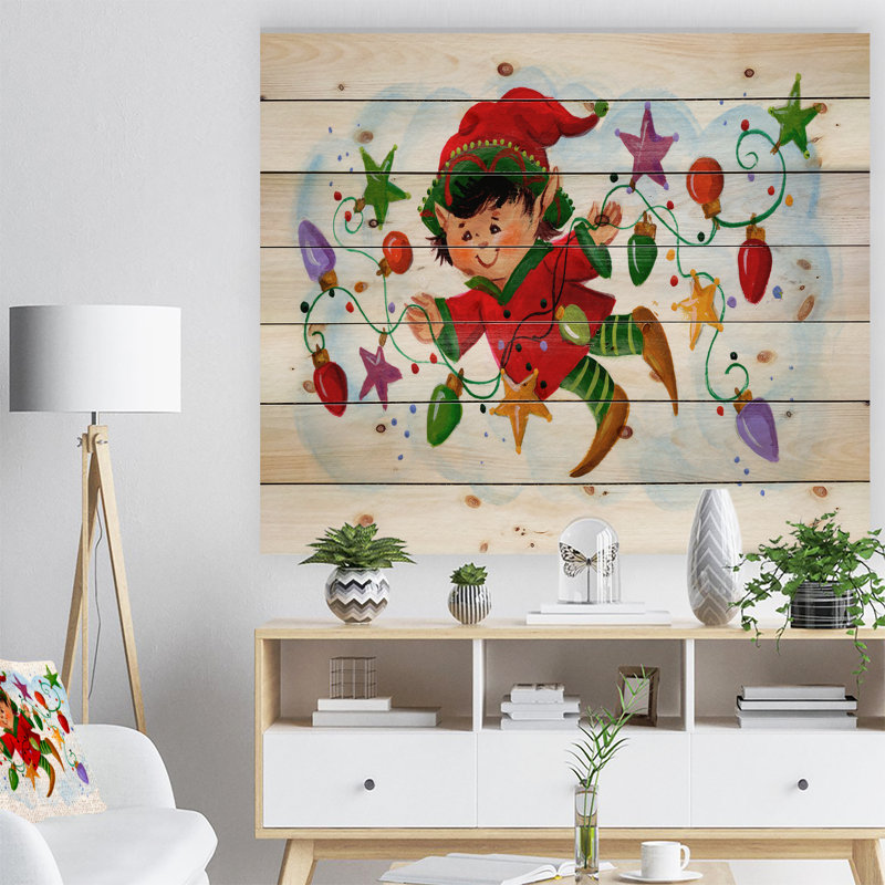 « jolies elf avec lumières de noël », peinture, H 30 po x l 40 po x P 1,5 po, Bois