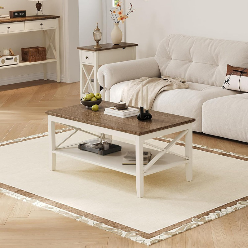 Table en bois blanc avec pieds épais et rangement pour le salon