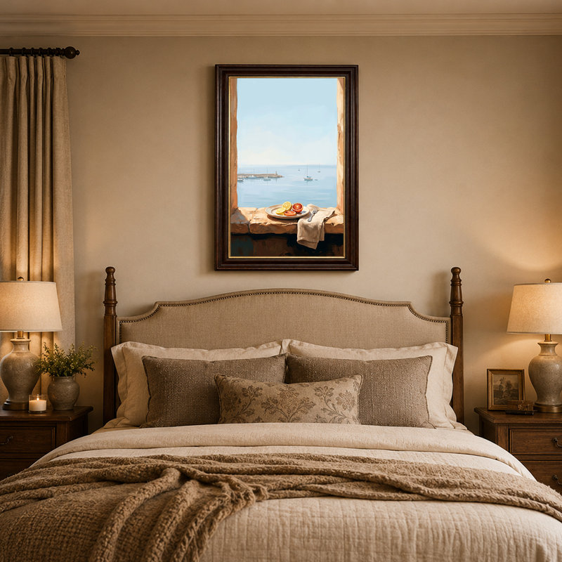 Art mural sur toile, tranche d'agrumes sur rebord de pierre surplombant le port, H 24 po x l 16 po