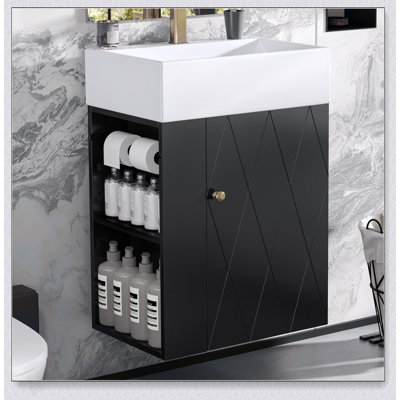 20 Inch Modern Bathroom Vanity With Ceramic Sink, Diamond Pattern Door, Gold Handle, And Side Storage Shelves For Small Spaces