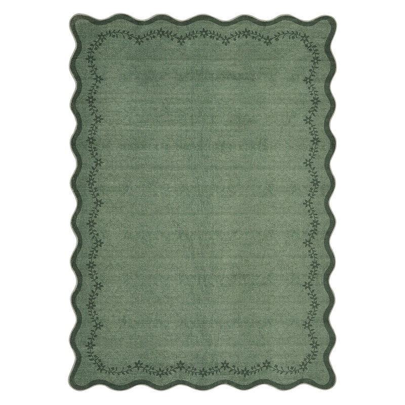 Floral Scalloped Non Slip Washable Area Rug for Living Room Bedroom, Low Pile  Thin Solid Home Decor Carpet, Green