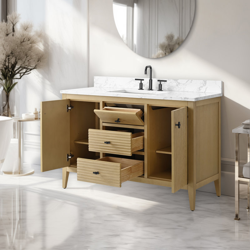Ensemble de meuble-lavabo autoportant à simple cuve 48 po avec plateau en marbre Lavallon, Chêne naturel linéaire, Noir mat