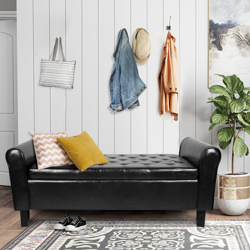 Upholstered Storage Bench End of Bed, Black, Faux Leather