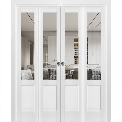 Sliding Closet Double Bi-Fold Doors | Lucia 1533 White Silk With Clear Glass | Sturdy Tracks Moldings Trims Hardware Set | Wood Solid Bedroom Wardrobe Doors