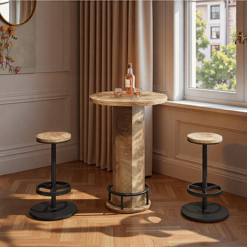 23.3" Small Round Kitchen Dining Table Set with 2 Chairs, Light Brown/Black