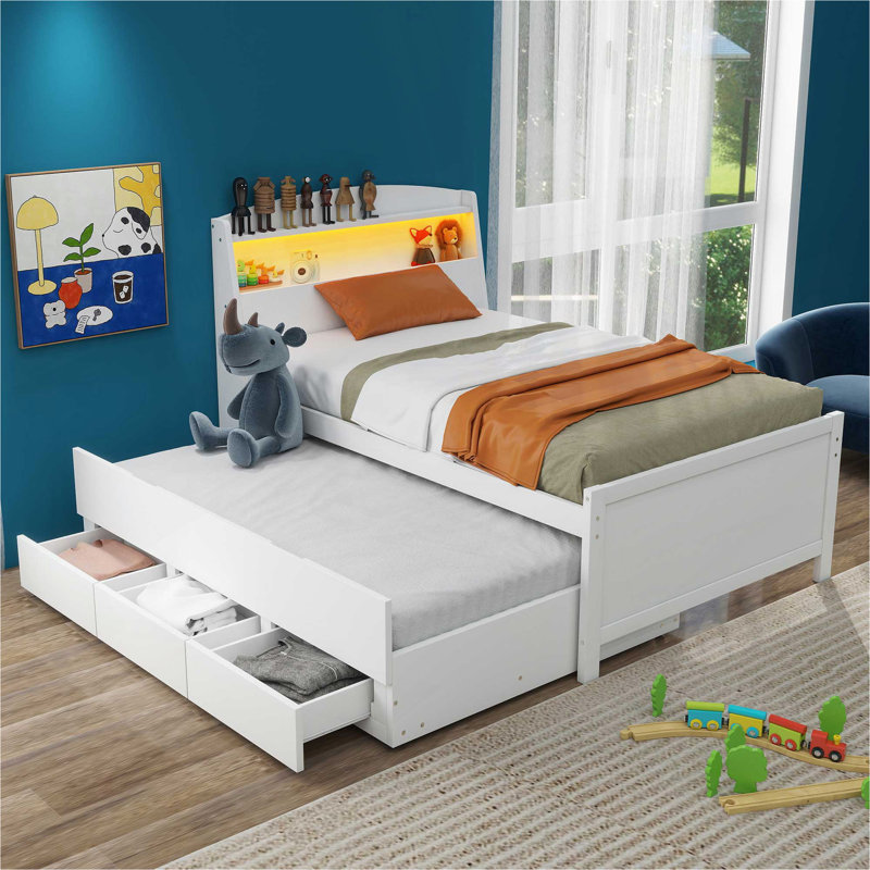 Lit plateforme simple avec tête de lit à DEL avec rangement, lit gigogne simple et 3 tiroirs, blanc