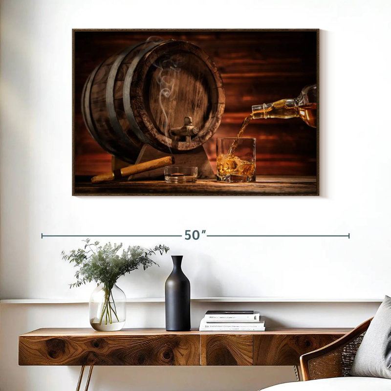 Distributeur de baril de whisky, Cadre flottant en noyer, 40 po x 27 po