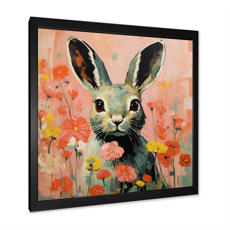 Curious floral rabbit meadow II - Lapin, art mural sur toile, H 16 po x l 16 po x P 1 po, Cadre simple noir
