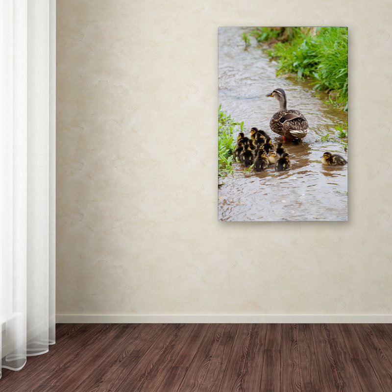 Baby Duck Family on Canvas Art in Light Brown Frame